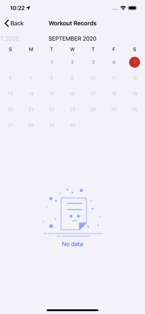 Coolwear - Coolwear app workout records screen with a calendar view and no data message.