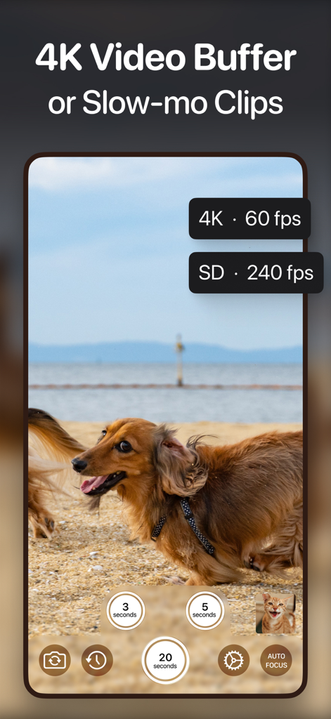Video Buffer Action Camera - Recording interface of the Video Buffer Action Camera app featuring 4K resolution and slow motion settings