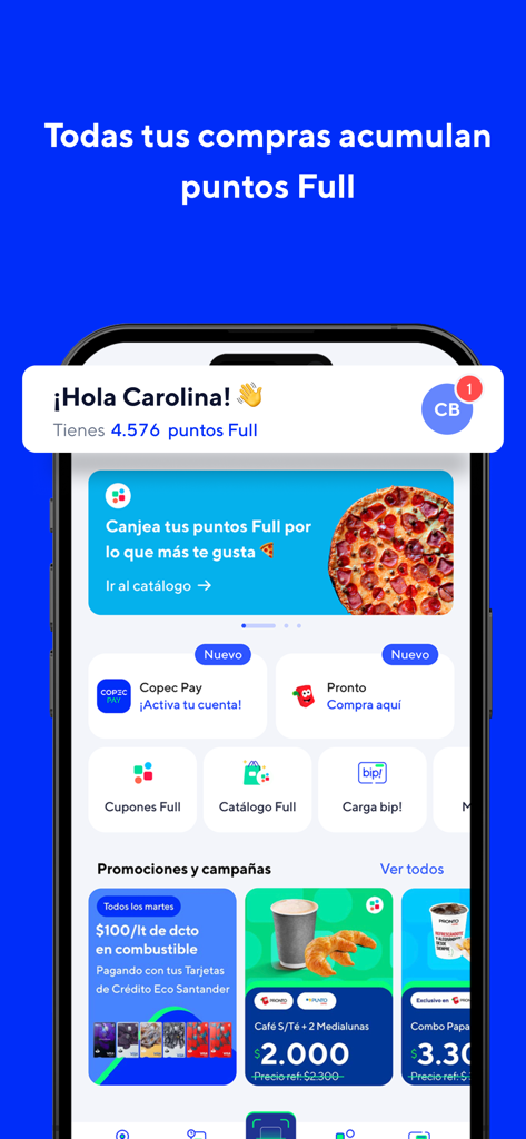 Home screen of the Copec app showing user loyalty points, food promotions, and financial services