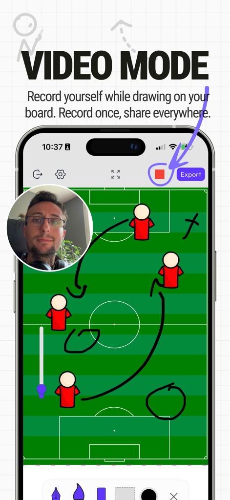 Soccer tactics board - Sply - Soccer tactics board app showing video mode with coach recording feature