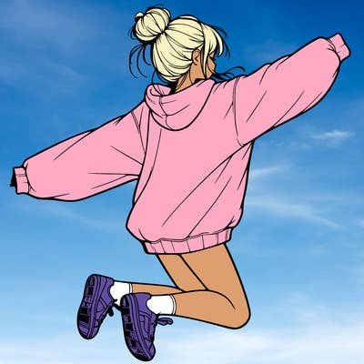 realistic girl jumping with a bun and oversized sweatshirt
