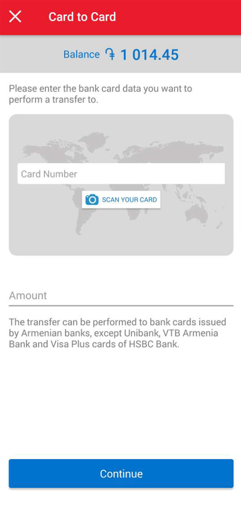 MobiDram Wallet card to card transfer screen for sending money to Armenian bank cards