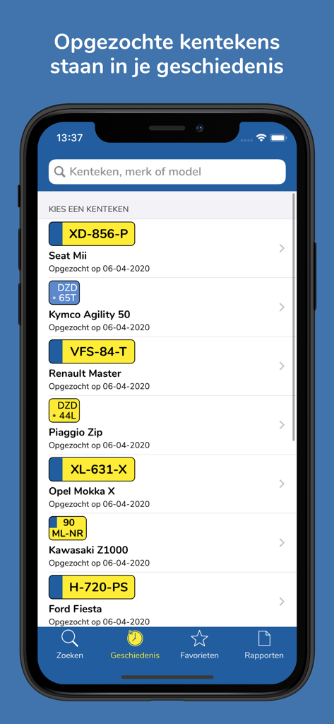 Kenteken Check - Capture d'écran de l'application Kenteken Check montrant l'historique de recherche des plaques d'immatriculation et des modèles de véhicules néerlandais