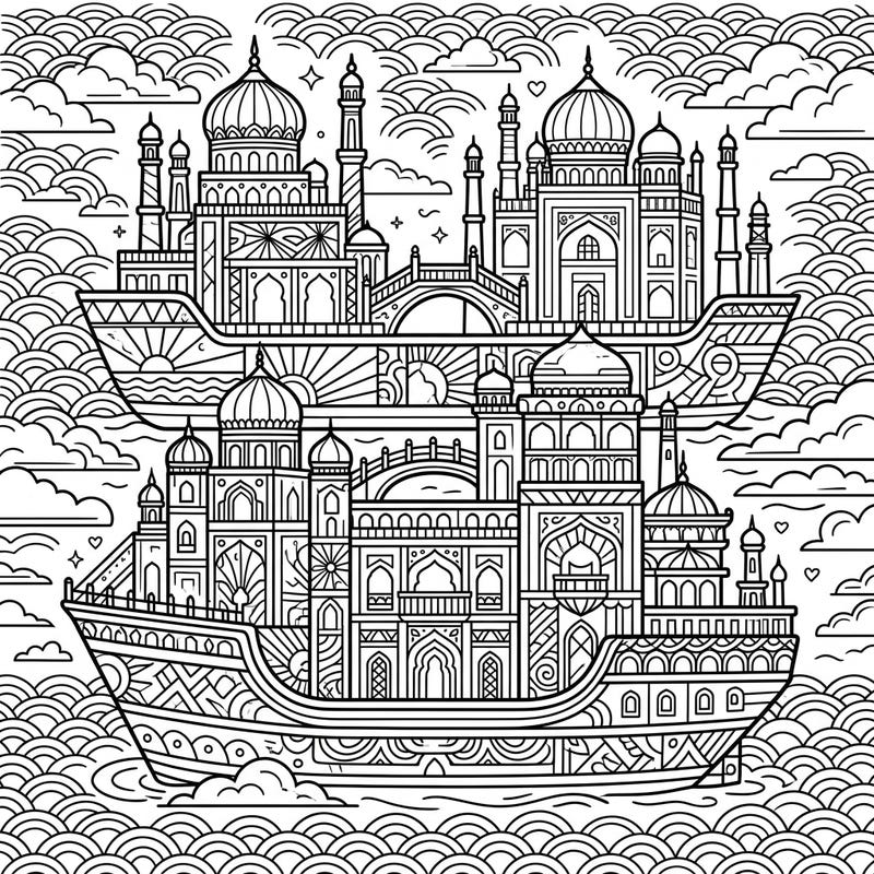 Embark on a creative journey with this stunning Pop Art floating palace coloring page. Featuring elaborate domes, minarets, and dynamic patterns, it promises hours of imaginative coloring fun.