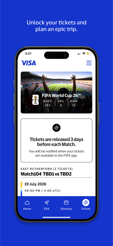 Visa Go - Visa Go app displaying FIFA World Cup 26 tickets and event itinerary