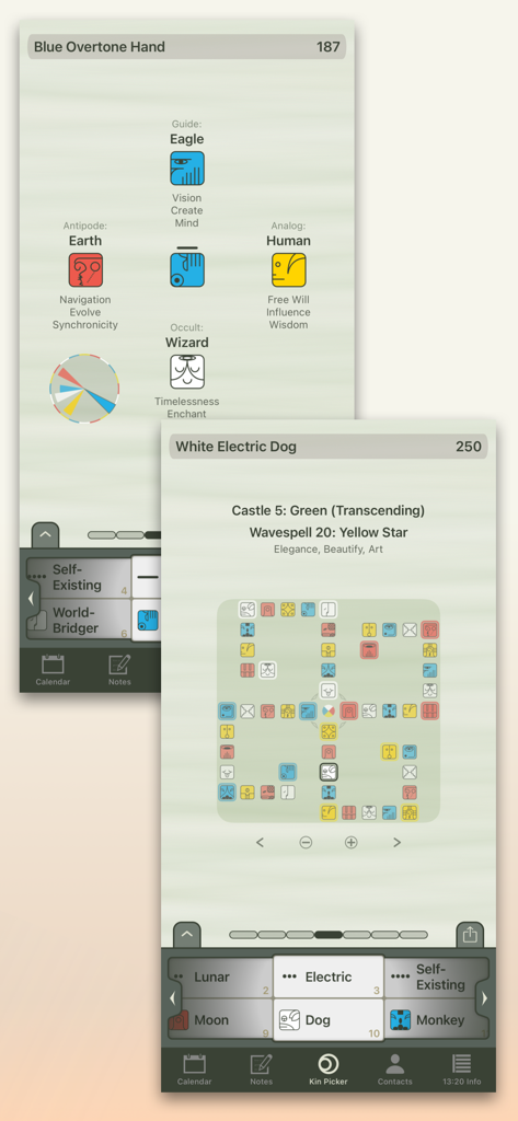 13:20:Sync - Screenshots of the 13 20 Sync app showing Mayan Dreamspell calendar details and Tzolkin grid