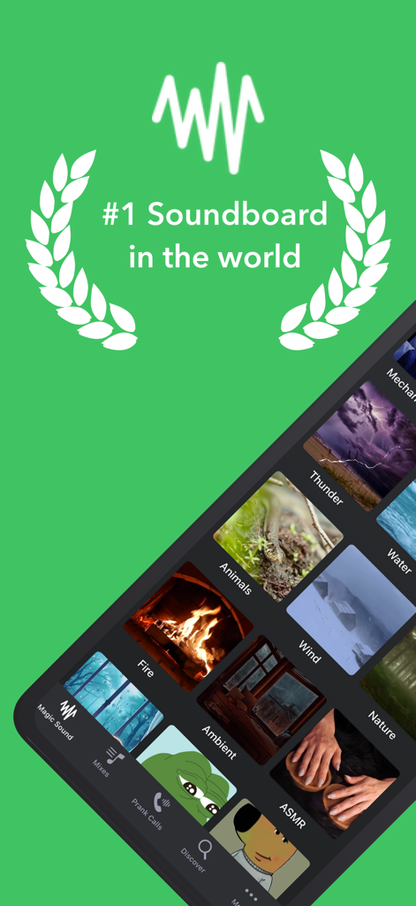 Magic Sound Pro app interface featuring sound categories like thunder, animals, and ASMR