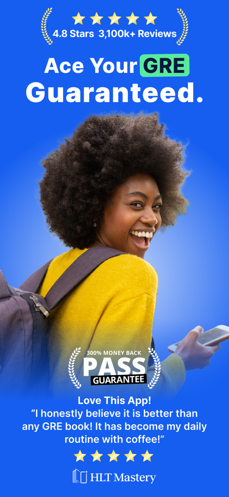 Manhattan Prep | GRE Practice - Promotional banner for Manhattan Prep GRE practice app featuring a smiling student and a 300 percent money back guarantee.