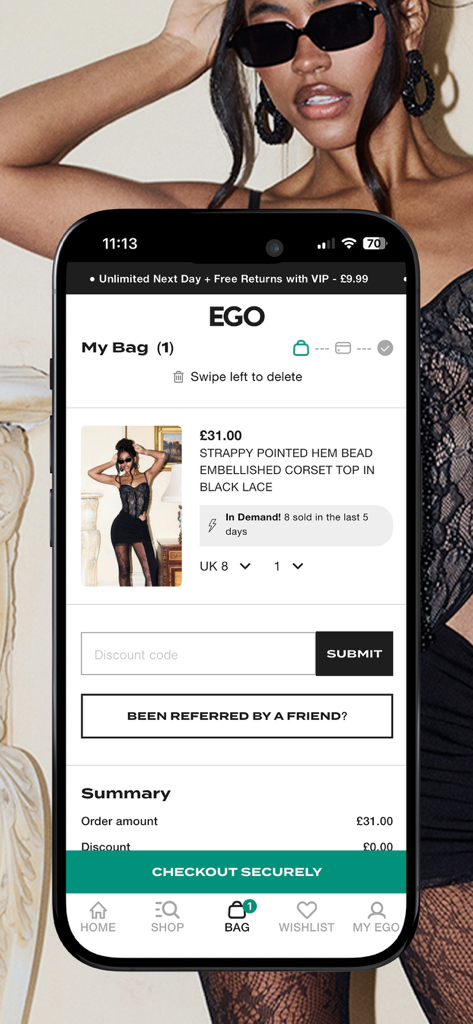 EGO: Women’s Clothing & Shoes - Mobile shopping bag screen in the EGO app showing a black lace corset top and checkout summary