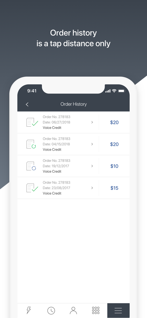 PhoneClub – Best Calling Rates - Order history screen in the PhoneClub app showing voice credit purchase transactions