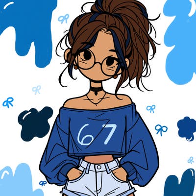 girl with a messy ponytail glasses a baggy crop top and jean shorts