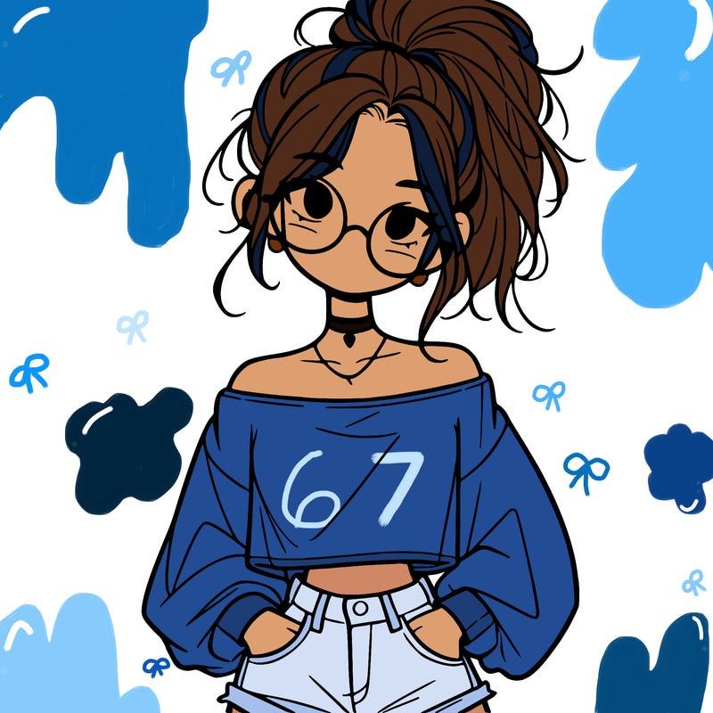 girl with a messy ponytail glasses a baggy crop top and jean shorts
