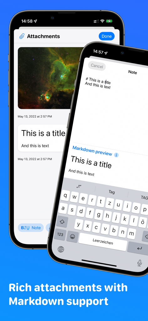 Planny • Daily Planner - Interface do aplicativo Planny exibindo anexos de tarefas e visualização de notas em markdown no iPhone