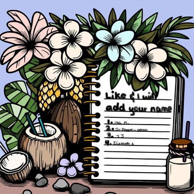 notebook with flowers, palm trees, and coconuts
