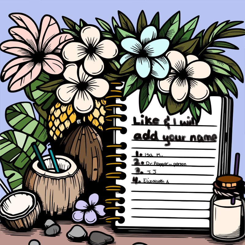 notebook with flowers, palm trees, and coconuts