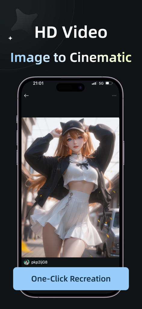 AI Video：AI Video Generator - AI動画ジェネレーターアプリのインターフェイス。アニメキャラクターが登場する「画像からシネマティックへ」変換を表示。