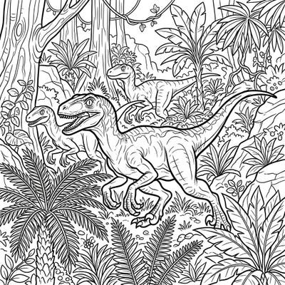 Journey back in time with this action-packed Velociraptor hunting coloring page, depicting these intelligent predators in their lush prehistoric habitat. Bring this thrilling dinosaur scene to life with your favorite colors.