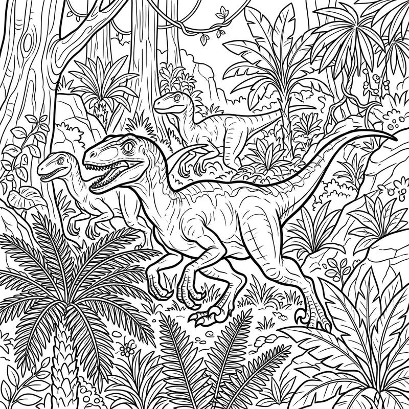 Journey back in time with this action-packed Velociraptor hunting coloring page, depicting these intelligent predators in their lush prehistoric habitat. Bring this thrilling dinosaur scene to life with your favorite colors.