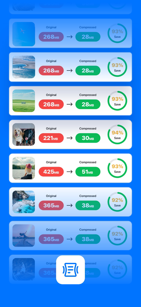 Video Compressor - Compress . - Interface showing multiple videos compressed with significant storage space savings