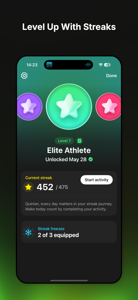 Top Challenger app screen showing a workout streak counter and Elite Athlete level badge