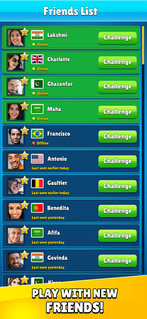 Ludo Party : Dice Board Game - 루도 파티 친구 목록 화면으로, 전 세계의 다양한 플레이어에게 도전할 수 있음을 보여줍니다