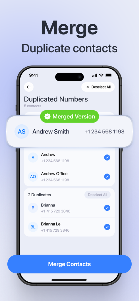 Interfaz de la aplicación móvil que muestra la función de fusión de contactos duplicados con una lista de contactos para combinar.