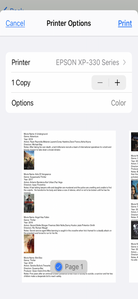 Printer options screen in the Movies I Have Watched app showing a list of movies with posters and details ready to print.
