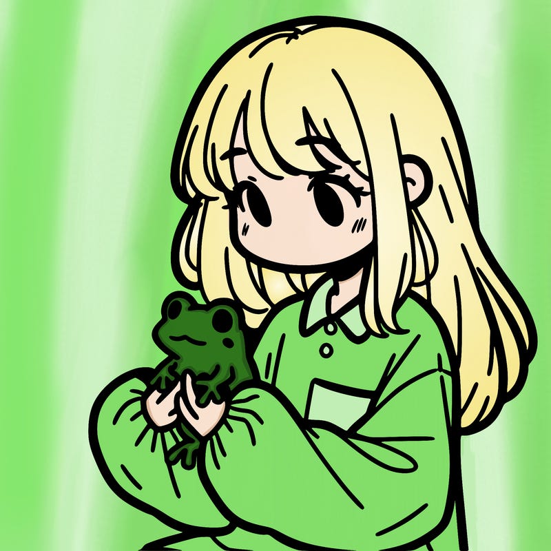 girl with long hair and a oversized shirt. and she is holding a frog