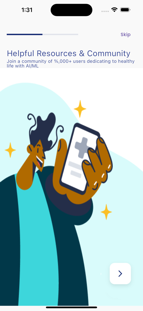 Bisa - Bisa app onboarding screen displaying helpful resources and community message with an illustration of a person holding a smartphone with a medical icon