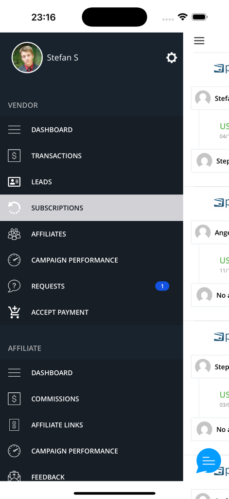 PayKickstart - PayKickstart mobile app navigation menu with vendor and affiliate sections