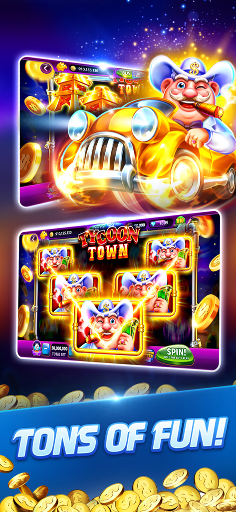 Tycoon Town slot machine interface featuring a winking tycoon character and golden coins