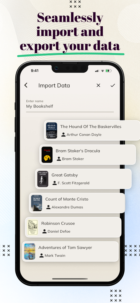 Interface of the Book Tracker app showing how to import a digital book collection with titles like Dracula and The Great Gatsby