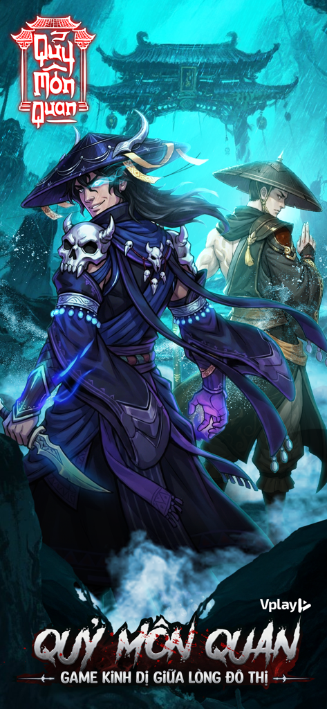 Quỷ Môn Quan - Vplay - Promotional artwork for Quy Mon Quan Vplay featuring two exorcist characters in a mystical blue mist