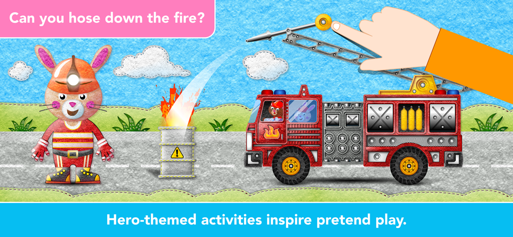 Uno screenshot di un gioco per bambini che mostra una coniglietta pompiere che spegne un incendio con un tubo di un camion dei pompieri.