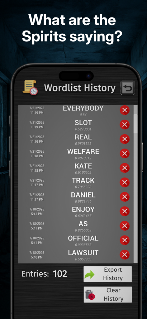 Screenshot of the Ghost Hunting Tools app showing a wordlist history of detected spirits communication with timestamps