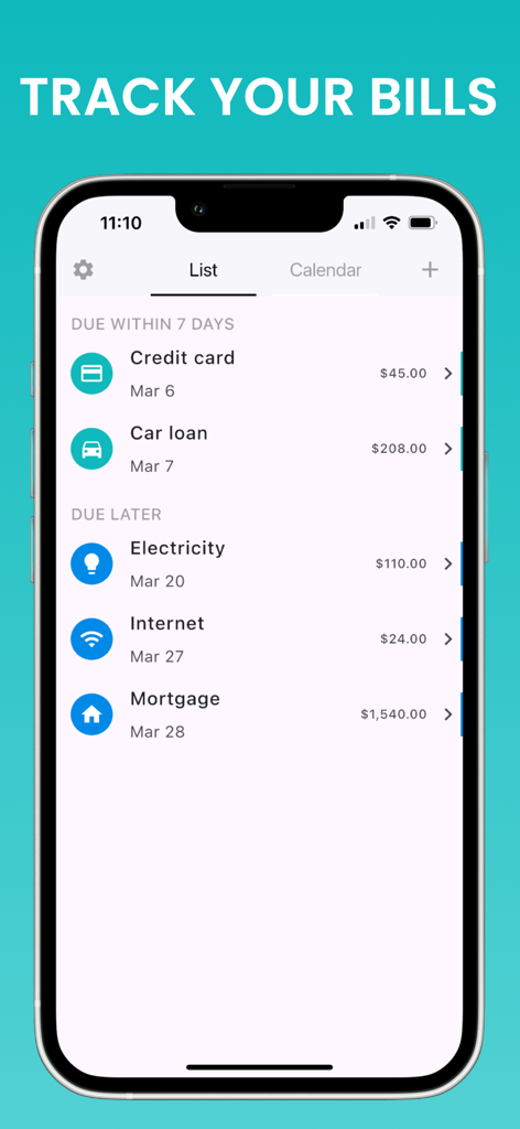 Mobile app interface showing a list of upcoming bills and due dates for financial organization