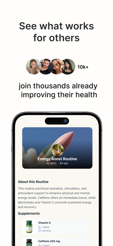 Suppi app interface showing a shared Energy Boost supplement routine from the community