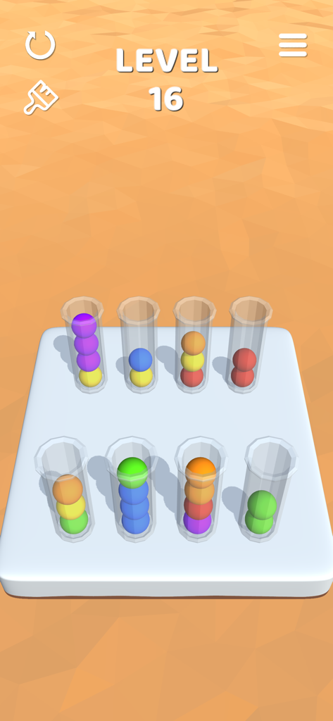 Sort It 3D - Sort It 3Dモバイルゲームレベル16。色分けされたボールとチューブが表示されている。