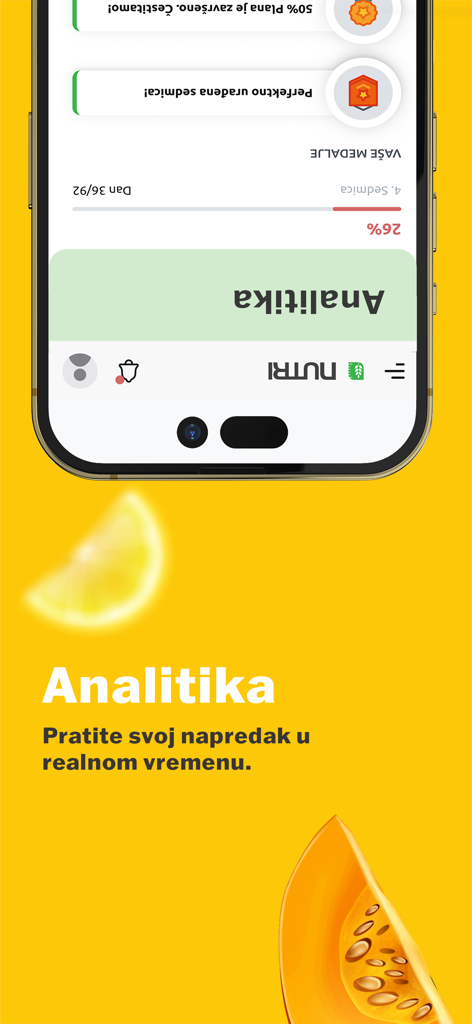 Nutri - Pantalla de marketing de la aplicación Nutri que muestra el seguimiento del progreso de análisis en tiempo real y medallas de logros