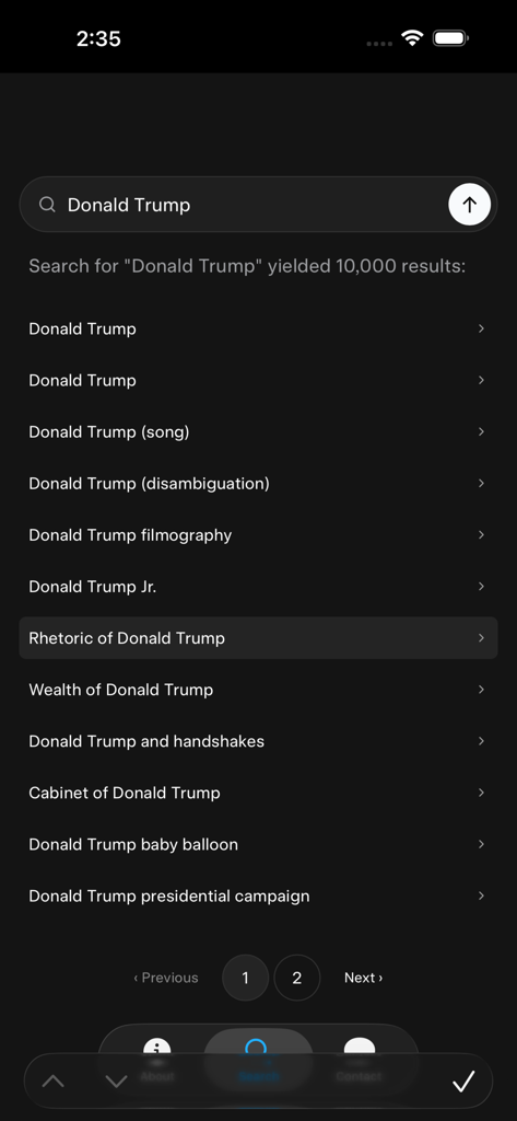 Groki Powered by Grokipedia - Interfaz de resultados de búsqueda en modo oscuro de la aplicación Groki que muestra una lista de resultados para la consulta Donald Trump
