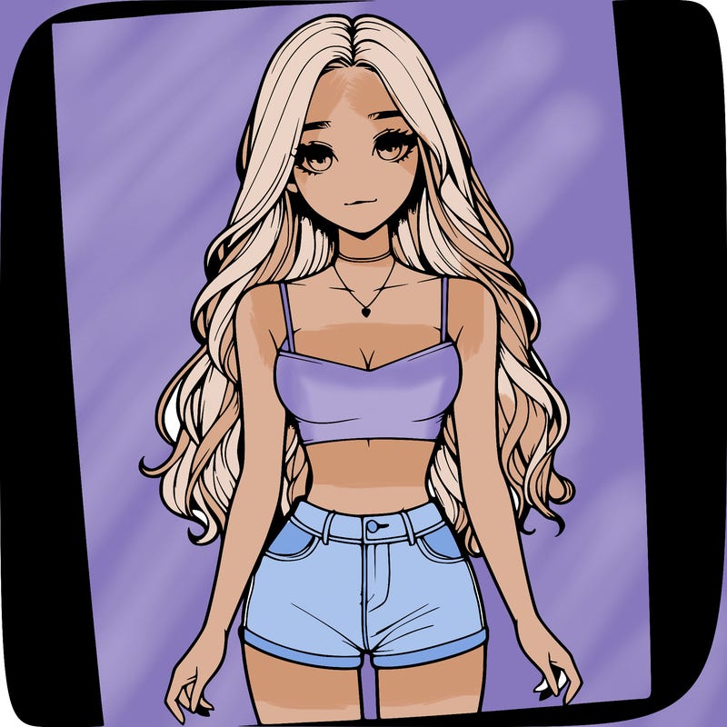 a realistic girl with long hair and in a crop top and shprts