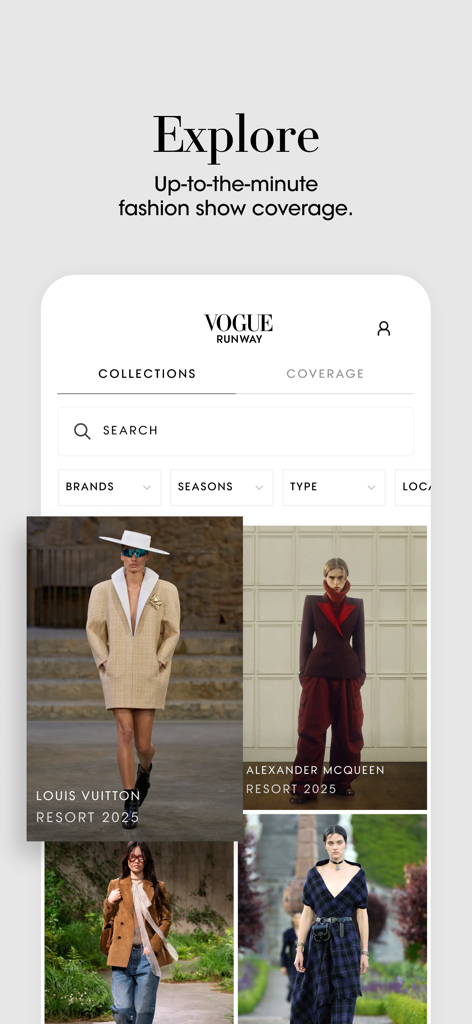 Vogue: Fashion & Shopping - Vogue app interface displaying latest runway collections from Louis Vuitton and Alexander McQueen with search and filter options