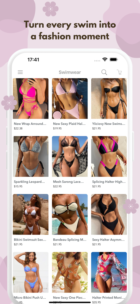 Mobile app interface displaying a variety of trendy bikinis and swimsuits for women with prices
