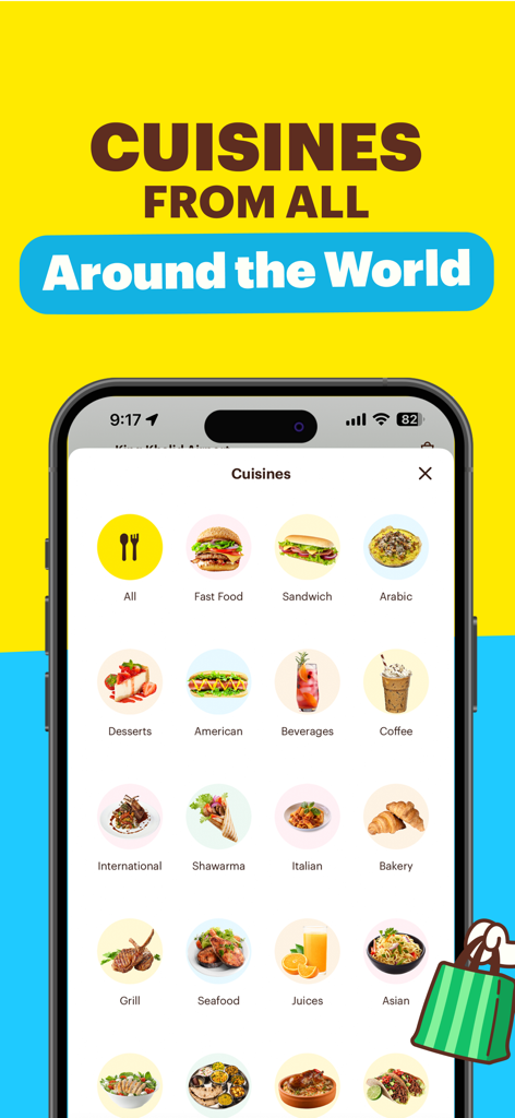 HungerStation - Food Delivery - Eine mobile App-Oberfläche, die verschiedene Lebensmittelkategorien zur Auswahl anzeigt