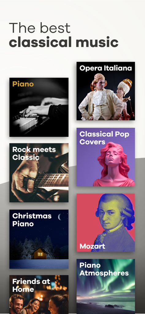 Una selección de canales de música clásica curada, incluyendo Piano, Mozart y Ópera Italiana en la interfaz de Klassik Radio.