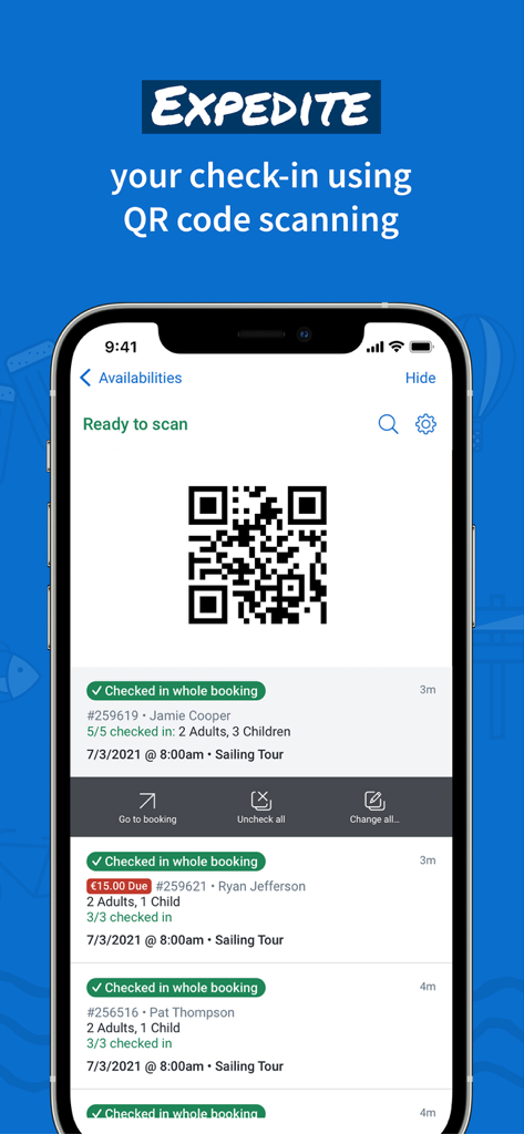 FareHarbor - FareHarbor app interface featuring a QR code scanner for rapid guest check-in and a list of confirmed bookings for a sailing tour.