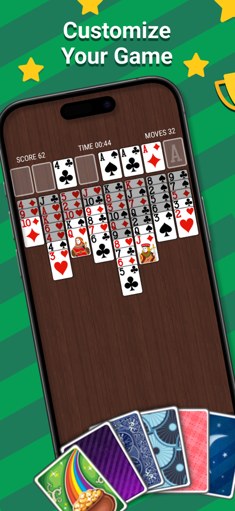 Customize your FreeCell Solitaire game with unique card back designs and backgrounds