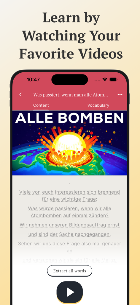 Vocabuo - Language Vocabulary - Interface of the Vocabuo app showing a German language video with an option to extract vocabulary for personalized study