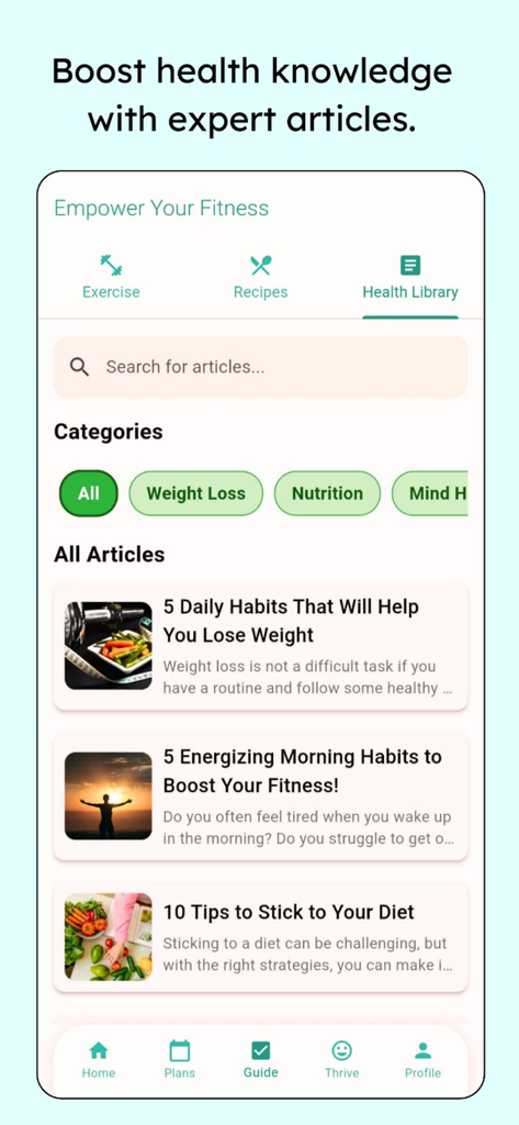 Healthyhold - Tela da biblioteca de saúde do aplicativo HealthyHold exibindo artigos de especialistas sobre perda de peso, fitness e nutrição