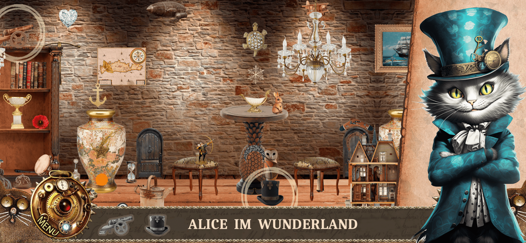 Eine Gameplay-Szene aus dem Wimmelbildspiel Alice im Wunderland mit einer stilvollen Katze in einem blauen Hut